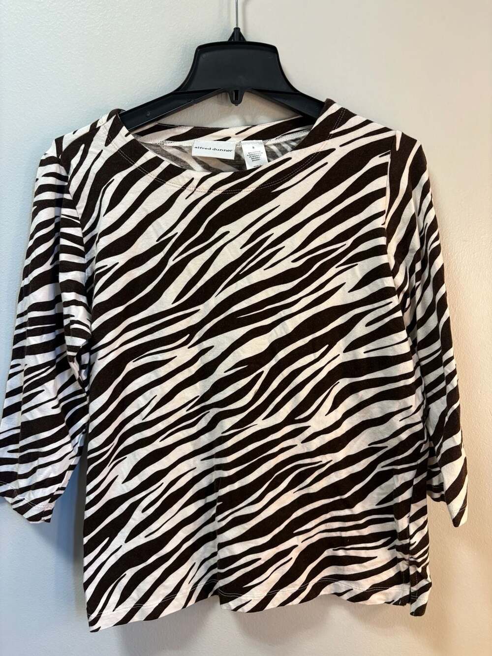 Alfred Dunner Women's Brown & White Zebra Print 3/4 Sleeve Scoop Neck Top Size S